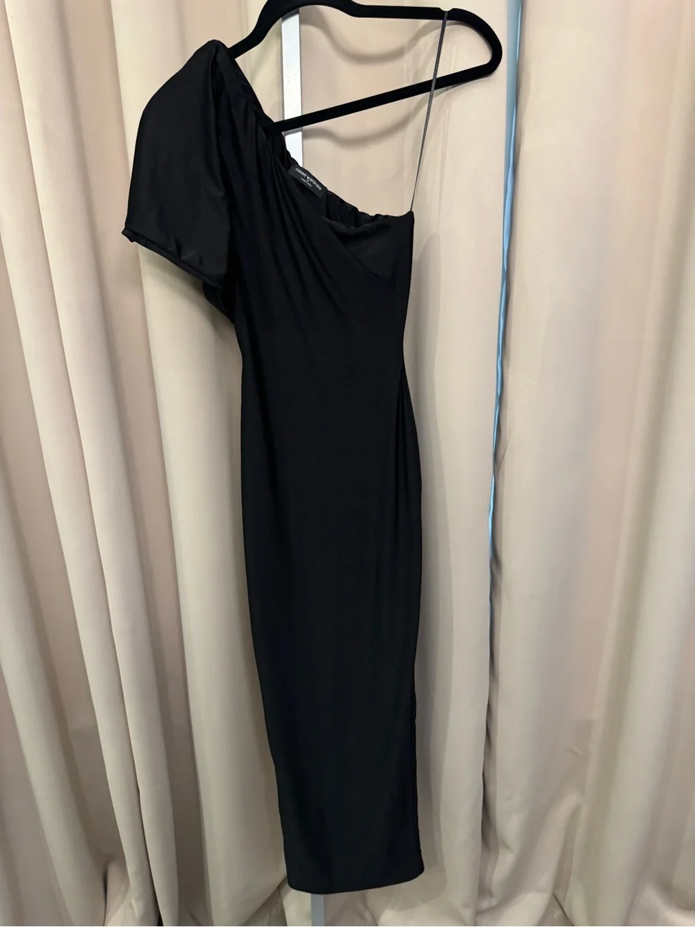 black one shoulder asymmetric neck midi dress Elegant Kelli One Shoulder Midi Dress in Black